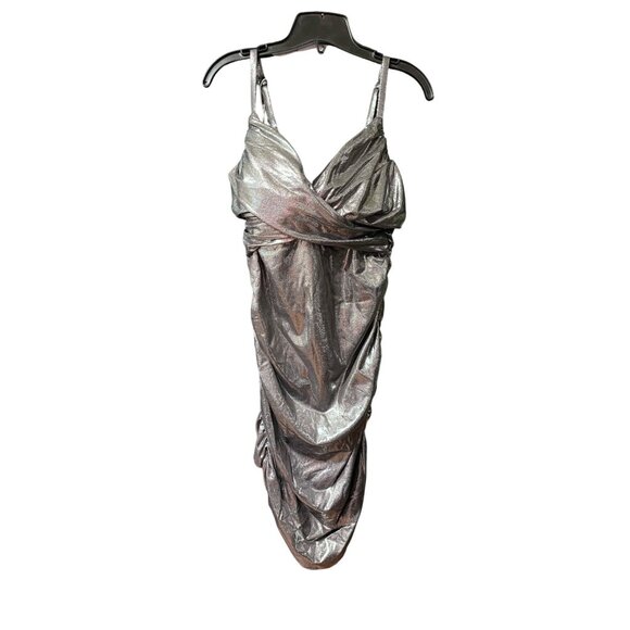 Halara Metallic Silver Ruched Bodycon Mini Dress W/Adjustable Straps - Size M - Picture 1 of 3